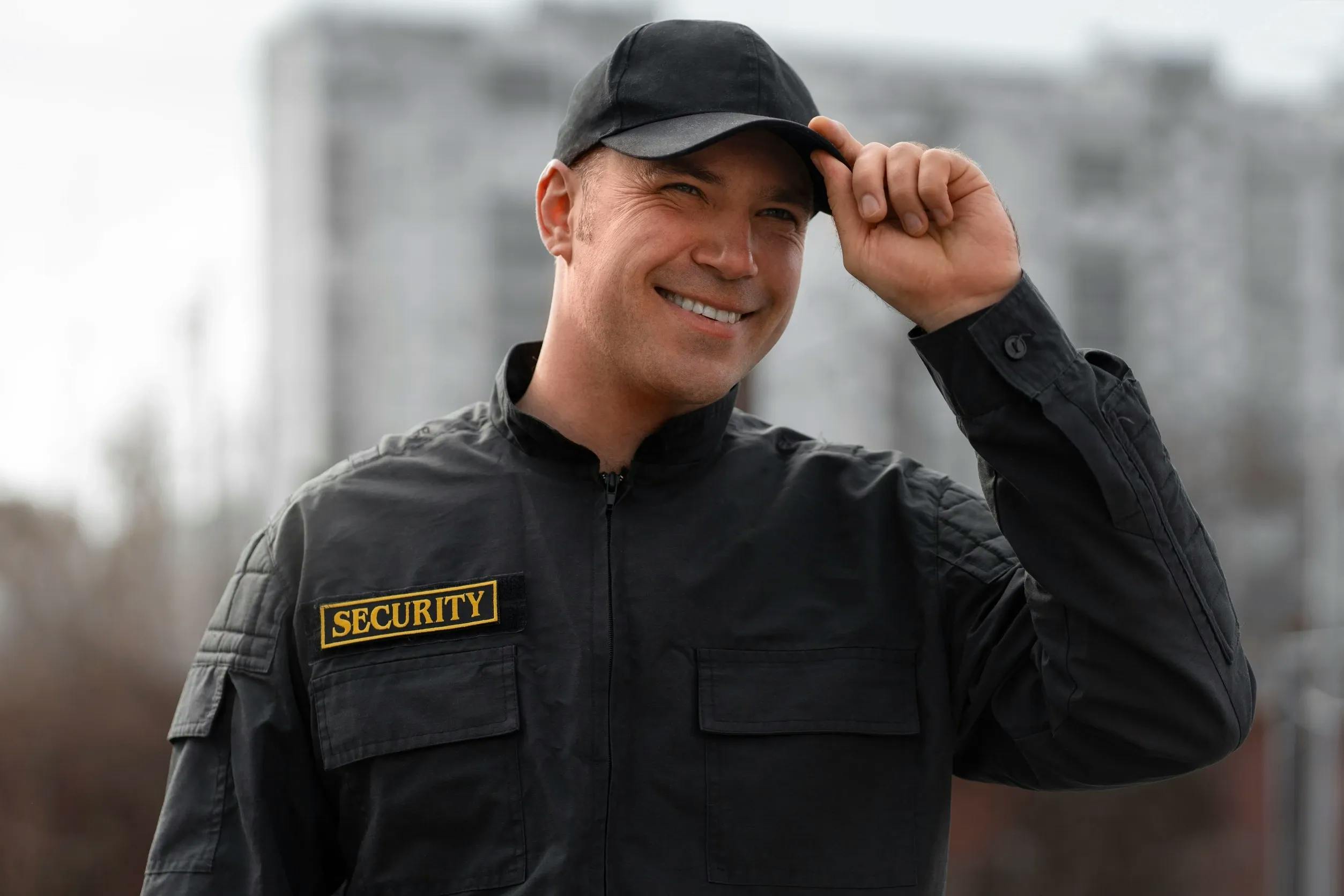 A security guard holding his cap while smiling